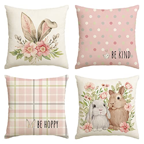 AVOIN colorlife Easter Rabbit Flower Buffalo Plaid Be Hoppy Throw Pillow Cover, 18 x 18 Inch Polka Dot Bird Be Kind Cushion Case Decoration for Sofa Couch Set of 4 - Pink and Caboodle