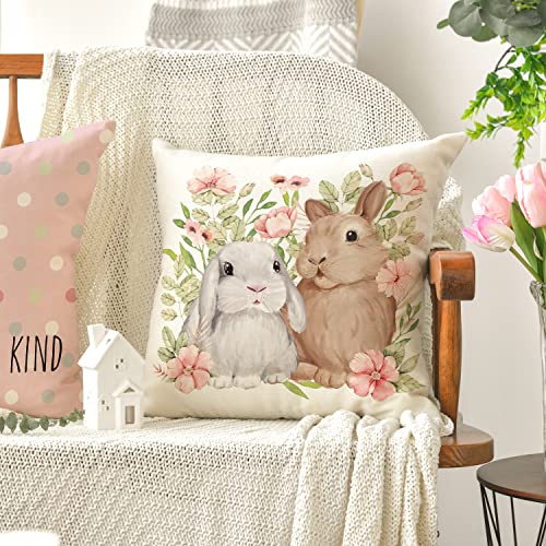 AVOIN colorlife Easter Rabbit Flower Buffalo Plaid Be Hoppy Throw Pillow Cover, 18 x 18 Inch Polka Dot Bird Be Kind Cushion Case Decoration for Sofa Couch Set of 4 - Pink and Caboodle