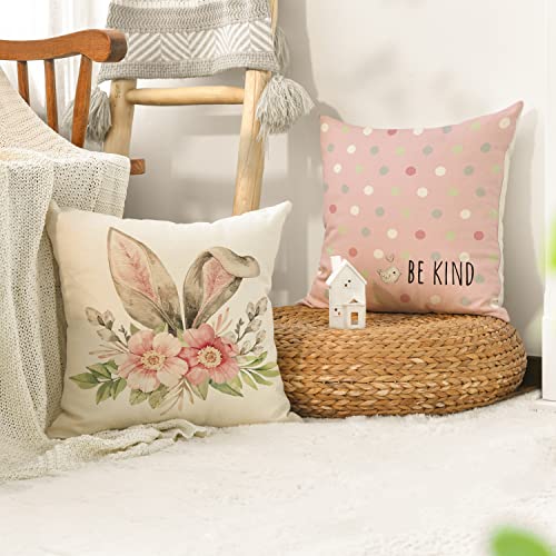 AVOIN colorlife Easter Rabbit Flower Buffalo Plaid Be Hoppy Throw Pillow Cover, 18 x 18 Inch Polka Dot Bird Be Kind Cushion Case Decoration for Sofa Couch Set of 4 - Pink and Caboodle
