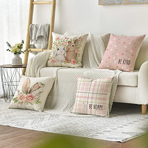 AVOIN colorlife Easter Rabbit Flower Buffalo Plaid Be Hoppy Throw Pillow Cover, 18 x 18 Inch Polka Dot Bird Be Kind Cushion Case Decoration for Sofa Couch Set of 4 - Pink and Caboodle