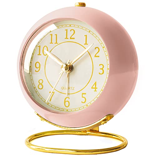 AYRELY Battery Operated Desk Alarm Clock with Light,Silent No Ticking,Small Table Clock for Bedside/Bedroom/Living Room/Office/Travel/Kids/Room Decor Aesthetic Vintage(Pink)