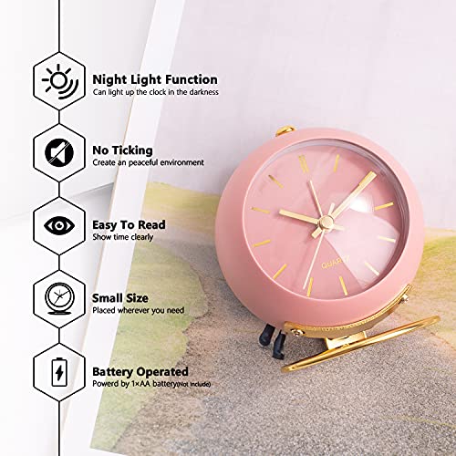 AYRELY Battery Operated Desk Alarm Clocks with Light,Retro Silent No Ticking Analog Small Clock,Loud Table Clock for Bedside/Bedroom/Kitchen/Office/Travel/Kids/Room Decor Aesthetic Vintage(Pink) - Pink and Caboodle