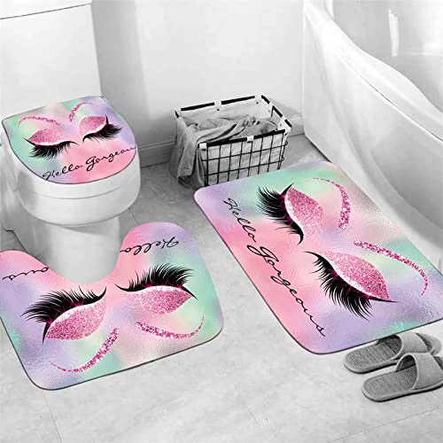AZHM 4PCS/Set Pretty Eyelash Bathtub Curtain, Carpet Bath Mat Toilet Rugs, Waterproof Cloth Polyester, Bling Purple Hello Gorgeous Bathroom Shower Decor - Pink and Caboodle