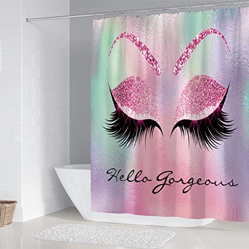 AZHM 4PCS/Set Pretty Eyelash Bathtub Curtain, Carpet Bath Mat Toilet Rugs, Waterproof Cloth Polyester, Bling Purple Hello Gorgeous Bathroom Shower Decor - Pink and Caboodle
