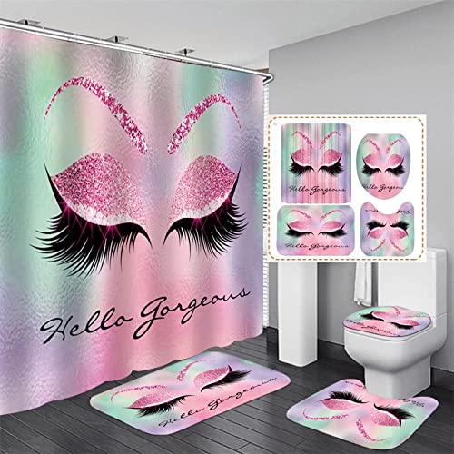 AZHM 4PCS/Set Pretty Eyelash Bathtub Curtain, Carpet Bath Mat Toilet Rugs, Waterproof Cloth Polyester, Bling Purple Hello Gorgeous Bathroom Shower Decor