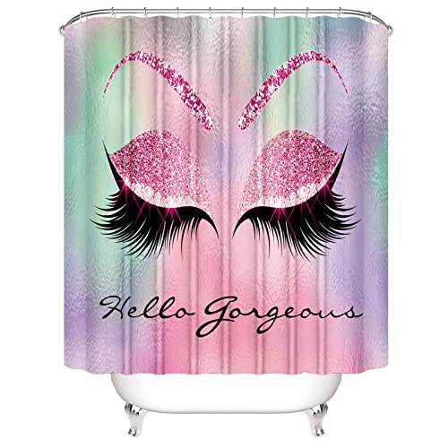 AZHM 4PCS/Set Pretty Eyelash Bathtub Curtain, Carpet Bath Mat Toilet Rugs, Waterproof Cloth Polyester, Bling Purple Hello Gorgeous Bathroom Shower Decor - Pink and Caboodle