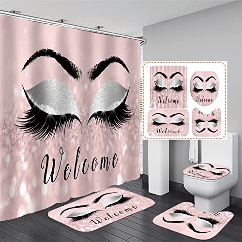 AZHM 4PCS/Set Pretty Eyelash Shower Curtain Bling Pink Welcome Bathroom Decor Waterproof Cloth Polyester Bath Curtain Bathtub Curtains, Bathroom Carpet Bath Mat Toilet Rugs