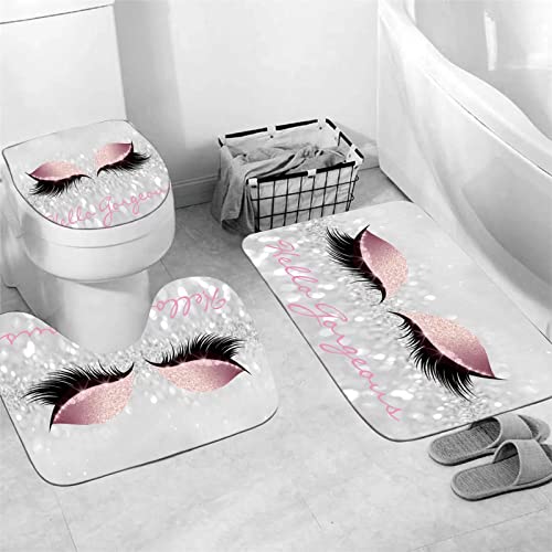 AZHM 4PCS/Set Pretty Eyelash Shower Curtain Bling White Hello Gorgeous Bathroom Decor Waterproof Cloth Polyester Carpet Bath Mat Toilet/Bathtub Rugs - Pink and Caboodle