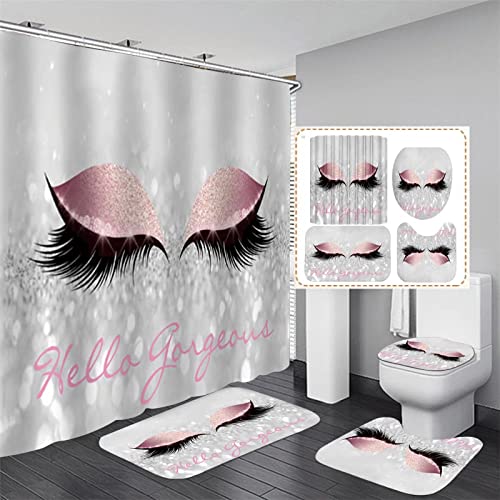AZHM 4PCS/Set Pretty Eyelash Shower Curtain Bling White Hello Gorgeous Bathroom Decor Waterproof Cloth Polyester Carpet Bath Mat Toilet/Bathtub Rugs