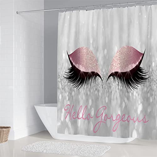 AZHM 4PCS/Set Pretty Eyelash Shower Curtain Bling White Hello Gorgeous Bathroom Decor Waterproof Cloth Polyester Carpet Bath Mat Toilet/Bathtub Rugs - Pink and Caboodle
