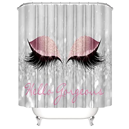 AZHM 4PCS/Set Pretty Eyelash Shower Curtain Bling White Hello Gorgeous Bathroom Decor Waterproof Cloth Polyester Carpet Bath Mat Toilet/Bathtub Rugs - Pink and Caboodle