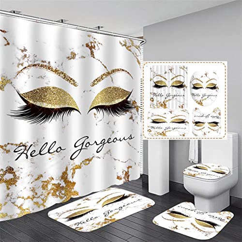 AZHM 4PCS/Set Pretty Eyelash Shower Curtain Lash Out Bathroom Decor Waterproof Cloth Polyester Bathtub Curtains, Bathroom Carpet Bath Mat Toilet Rugs