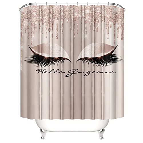 AZHM 4PCS/Set Pretty Eyelash Shower Curtain Spark Rose Gold Drips Hello Gorgeous Bathroom Decor Waterproof Cloth Polyester Bathtub Bathroom Carpet Bath Mat Toilet Rugs - Pink and Caboodle