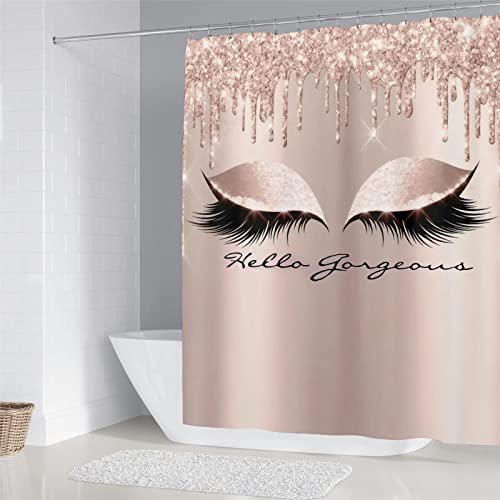 AZHM 4PCS/Set Pretty Eyelash Shower Curtain Spark Rose Gold Drips Hello Gorgeous Bathroom Decor Waterproof Cloth Polyester Bathtub Bathroom Carpet Bath Mat Toilet Rugs - Pink and Caboodle