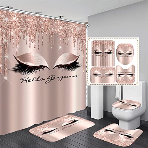 AZHM 4PCS/Set Pretty Eyelash Shower Curtain Spark Rose Gold Drips Hello Gorgeous Bathroom Decor Waterproof Cloth Polyester Bathtub Bathroom Carpet Bath Mat Toilet Rugs