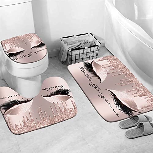 AZHM 4PCS/Set Pretty Eyelash Shower Curtain Spark Rose Gold Drips Hello Gorgeous Bathroom Decor Waterproof Cloth Polyester Bathtub Bathroom Carpet Bath Mat Toilet Rugs - Pink and Caboodle