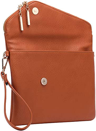 B BRENTANO Fold-Over Envelope Wristlet Clutch Crossbody Bag with Tassel Accents (Saddle Brown) - Pink and Caboodle