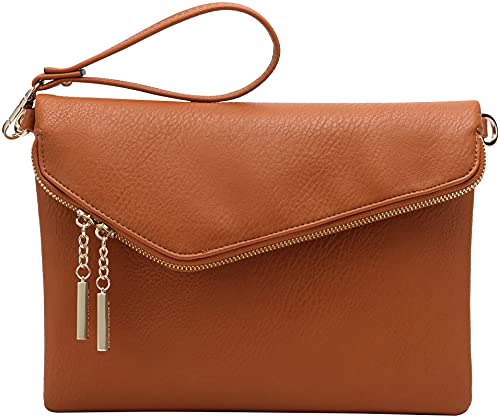 B BRENTANO Fold-Over Envelope Wristlet Clutch Crossbody Bag with Tassel Accents (Saddle Brown) - Pink and Caboodle