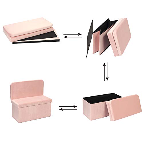 B FSOBEIIALEO Storage Ottoman with Seat Back, Folding Footstool Foot Rest Ottomans Shoes Bench Cube Box Velvet (Pink, Large) - Pink and Caboodle
