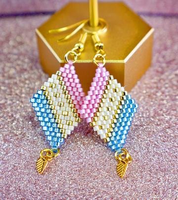 Baby Blue, Baby Pink and Gold Diagonal Geometric Delica Earrings
