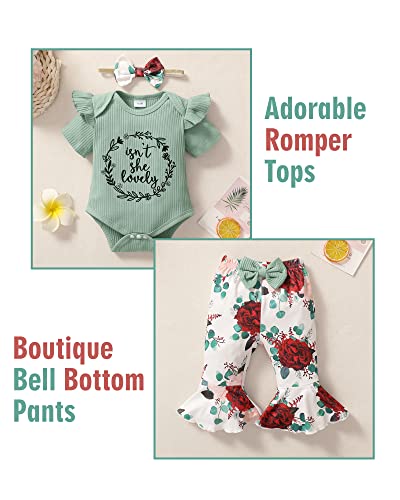 Baby Girl Clothes 0-3 Months Newborn Infant Outfits Summer One Piece Romper Letter Tops Flower Flare Pants baby girls' clothing Set Cute Headband Gifts Green - Pink and Caboodle