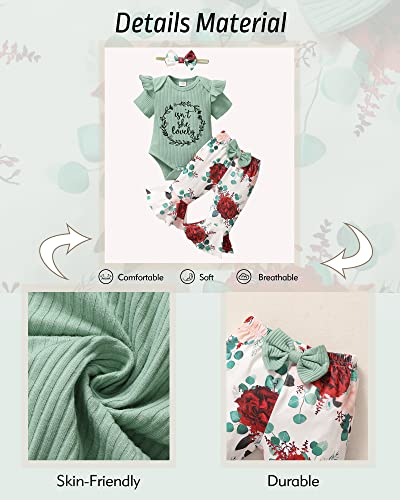 Baby Girl Clothes 0-3 Months Newborn Infant Outfits Summer One Piece Romper Letter Tops Flower Flare Pants baby girls' clothing Set Cute Headband Gifts Green - Pink and Caboodle