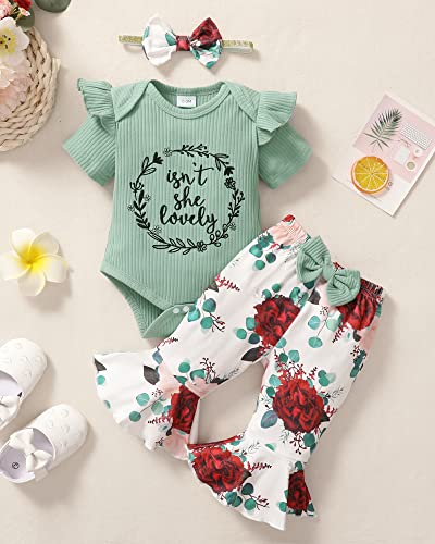 Baby Girl Clothes 0-3 Months Newborn Infant Outfits Summer One Piece Romper Letter Tops Flower Flare Pants baby girls' clothing Set Cute Headband Gifts Green - Pink and Caboodle