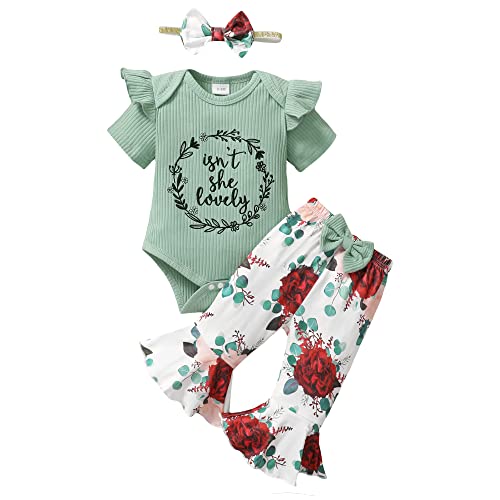 Baby Girl Clothes 0-3 Months Newborn Infant Outfits Summer One Piece Romper Letter Tops Flower Flare Pants baby girls' clothing Set Cute Headband Gifts Green - Pink and Caboodle