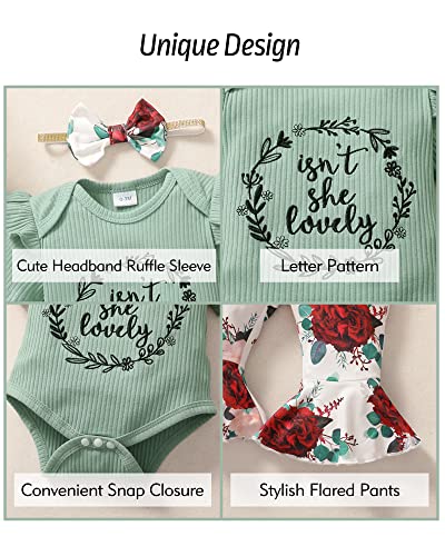 Baby Girl Clothes 0-3 Months Newborn Infant Outfits Summer One Piece Romper Letter Tops Flower Flare Pants baby girls' clothing Set Cute Headband Gifts Green - Pink and Caboodle