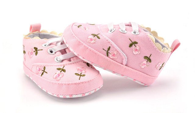 Baby Girl Sneakers Shoes, Pink w/Pink Roses Floral Embroidered Soft First Walkers - Pink and Caboodle