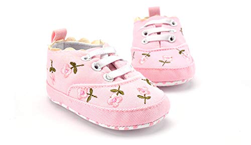 Baby Girl Sneakers Shoes, Pink w/Pink Roses Floral Embroidered Soft First Walkers - Pink and Caboodle