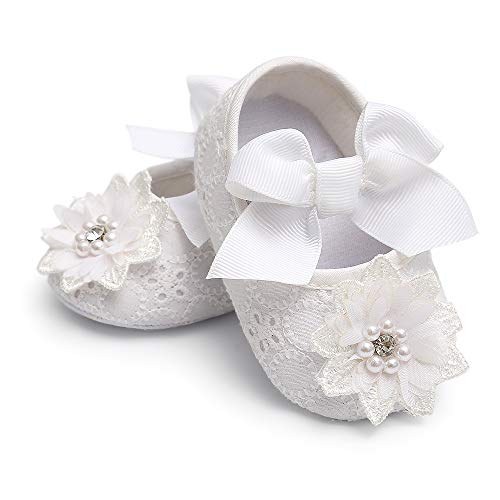 Baby Girls Mary Jane Flats with Bowknot Floral Princess Wedding Dress Shoes Soft Newborn Infant Crib First Walker Prewalker
