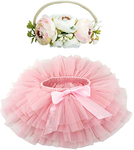 Baby Girl's Soft Fluffy Tutu Skirt with Diaper Cover & Flower Headband, 4 Sizes (12 colors) - Pink and Caboodle