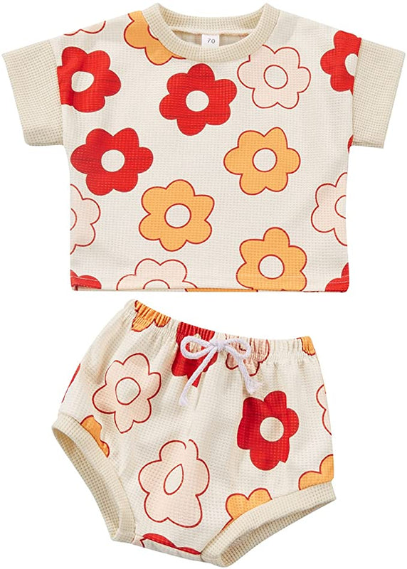 Baby Girl's Summer Flowers T-Shirt & Elastic Waist Shorts Set - Pink and Caboodle