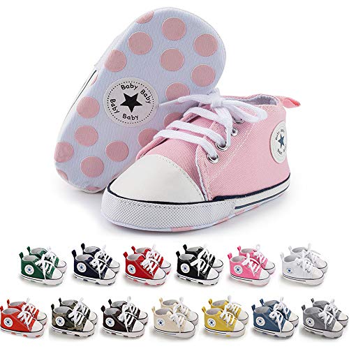 Baby or Toddler Girls or Boys Canvas Sneakers, Soft Sole, High Top First Walkers Shoes, 22 colors  (Light Pink)