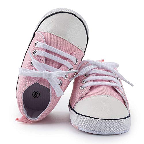 Baby or Toddler Girls or Boys Canvas Sneakers, Soft Sole, High Top First Walkers Shoes, 22 colors (Light Pink) - Pink and Caboodle