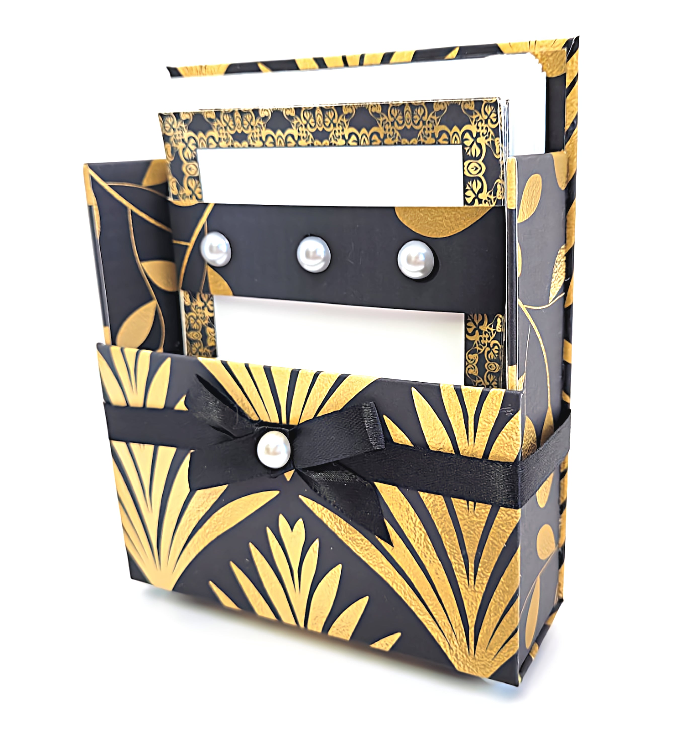 42-Pc Stationery For Him Gift Box Set w/Reusable Desktop Organizer Box & Gold Pen - Black & Gold Geometric