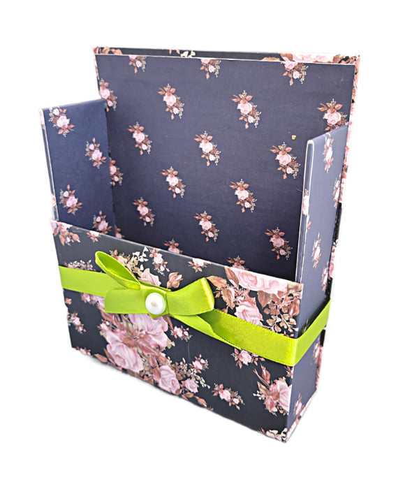 42-Pc Stationery Gift Box Set w/Reusable Desktop Organizer Box & Gold Pen - Pink on Black Floral