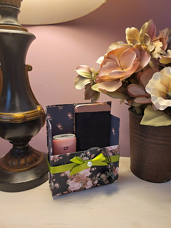 42-Pc Stationery Gift Box Set w/Reusable Desktop Organizer Box & Gold Pen - Pink on Black Floral