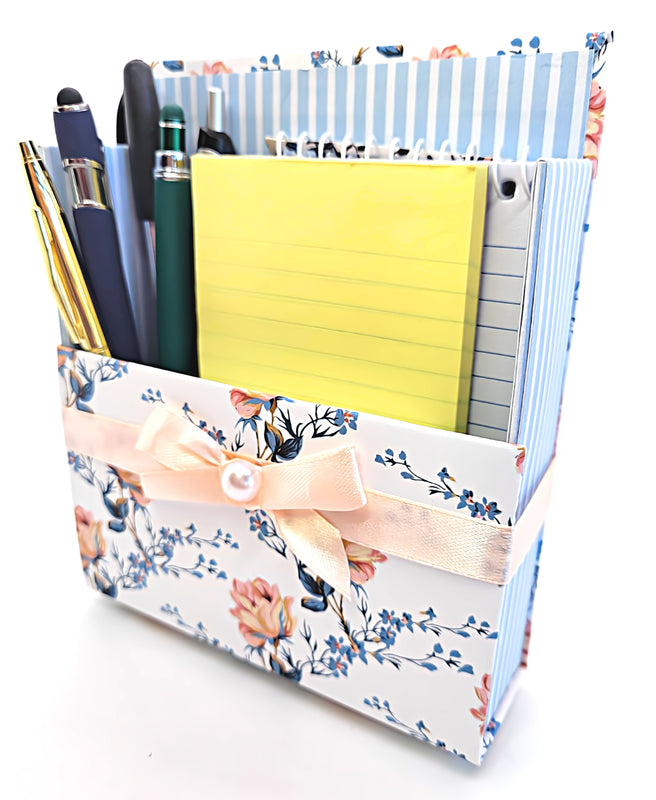 42-Pc Stationery Gift Box Set w/Reusable Desktop Organizer Box & Gold Pen - Vintage Blue Wallpaper