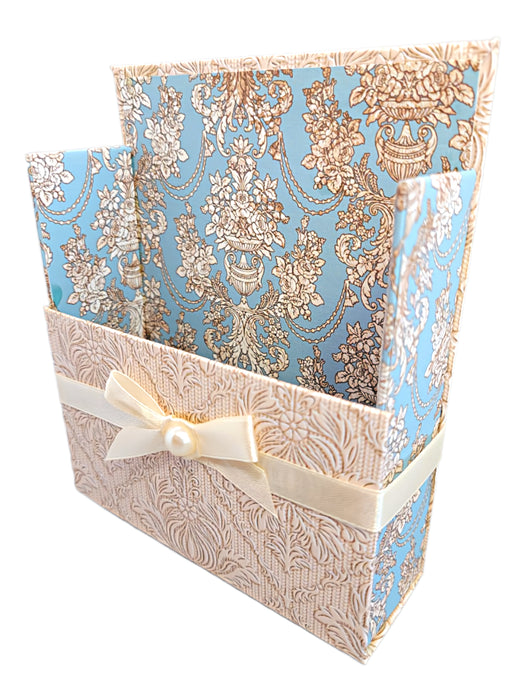 42-Pc Stationery Gift Box Set w/Reusable Desktop Organizer Box & Gold Pen - Blue & Ivory Lace