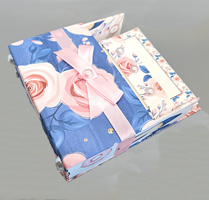 42-Pc Stationery Gift Box Set w/Reusable Desktop Organizer Box & Gold Pen - Pink & Blue Floral Roses
