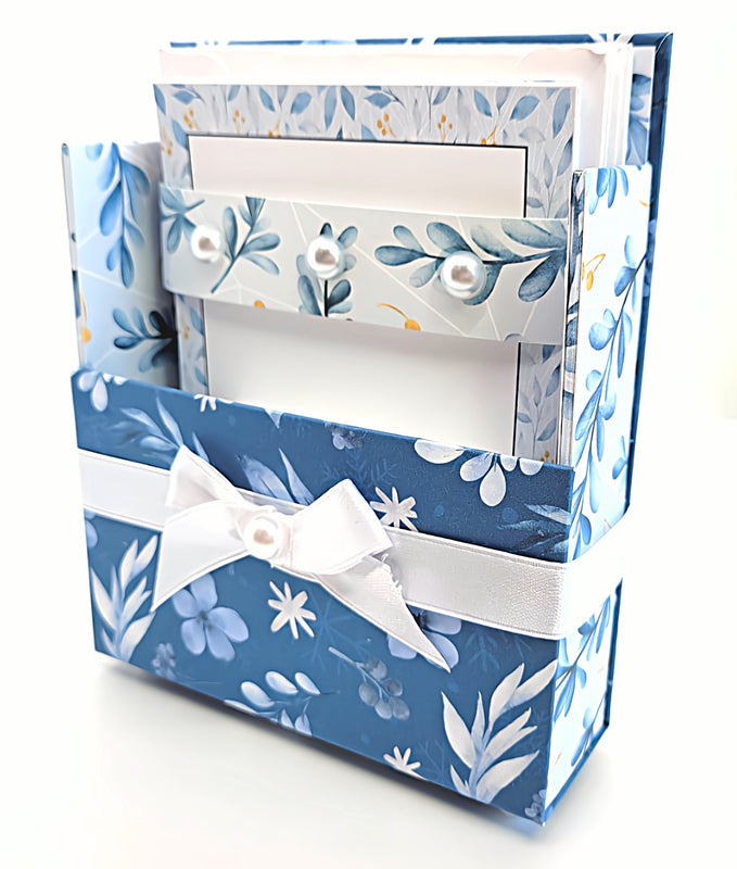 42-Pc Stationery Gift Box Set w/Reusable Desktop Organizer Box & Gold Pen - Blue & White Leaves