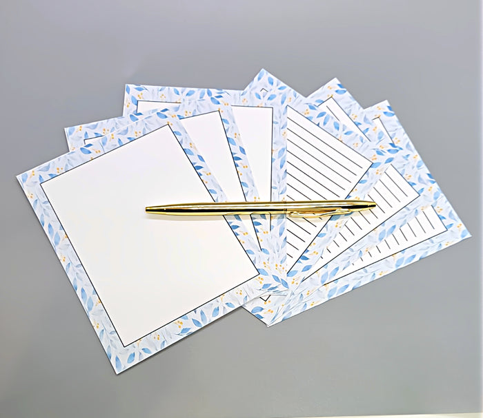 42-Pc Stationery Gift Box Set w/Reusable Desktop Organizer Box & Gold Pen - Blue & White Leaves
