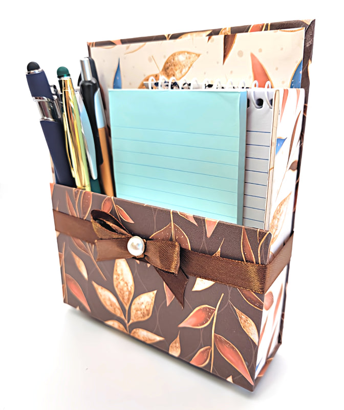 42-Pc Stationery Gift Box Set w/Reusable Desktop Organizer Box & Gold Pen - Brown & Gold Leaves