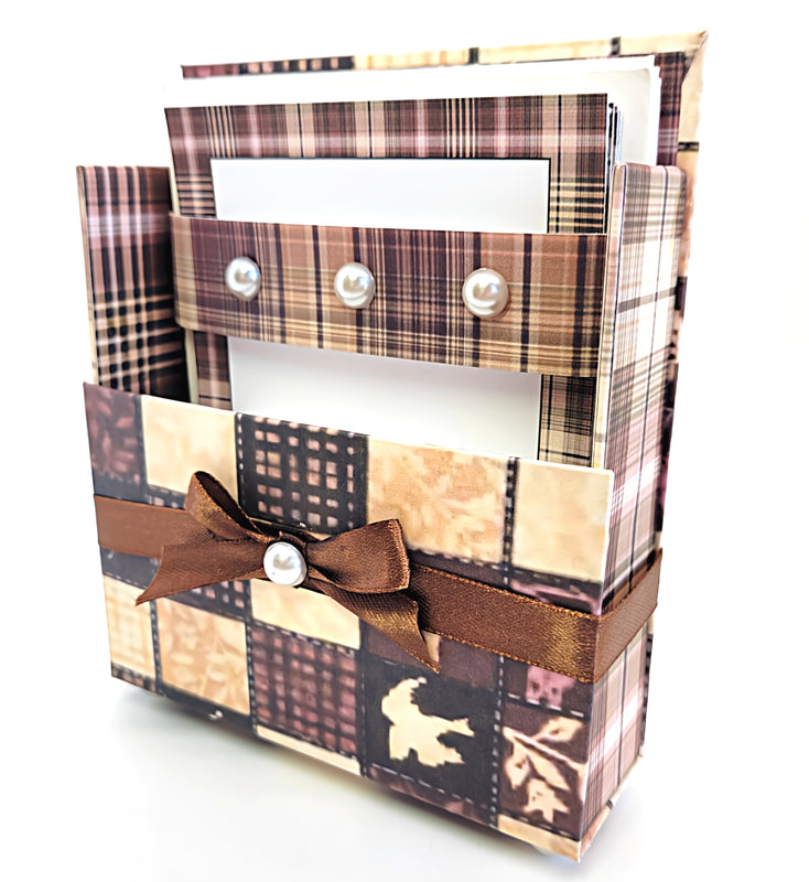42-Pc Stationery For Him Gift Box Set w/Reusable Desktop Organizer Box & Gold Pen - Brown & Pink Plaid