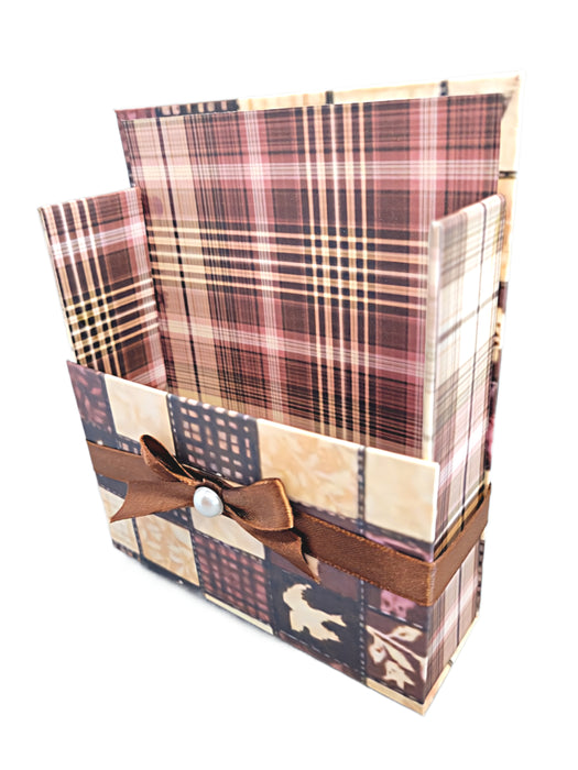 42-Pc Stationery For Him Gift Box Set w/Reusable Desktop Organizer Box & Gold Pen - Brown & Pink Plaid