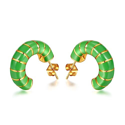 Chunky Gold Hoop Earrings for Women, Trendy Pink/Purple/White/Green Huggie Earrings, Lightweight & Hypoallergenic Titanium Steel Gold Plated Jewelry (green)