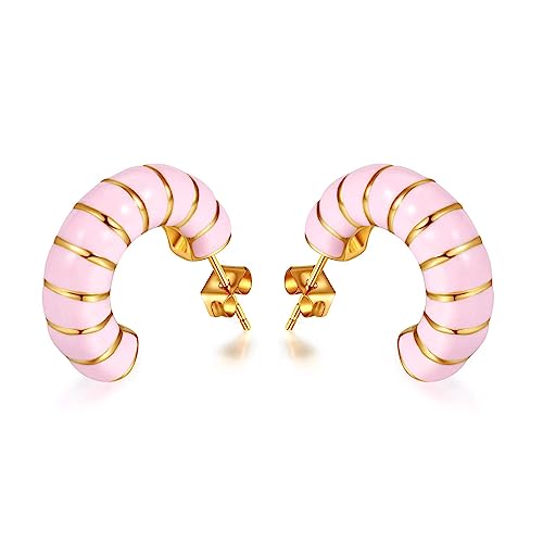 Chunky Gold Hoop Earrings for Women, Trendy Pink/Purple/White/Green Huggie Earrings, Lightweight & Hypoallergenic Titanium Steel Gold Plated Jewelry (pink)