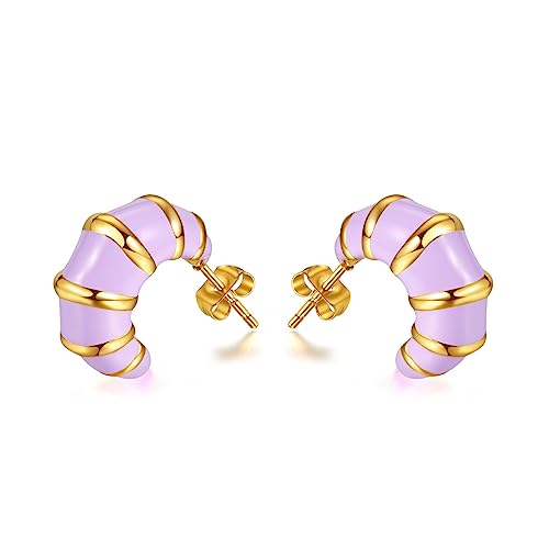 Chunky Gold Hoop Earrings for Women, Trendy Pink/Purple/White/Green Huggie Earrings, Lightweight & Hypoallergenic Titanium Steel Gold Plated Jewelry (purple)